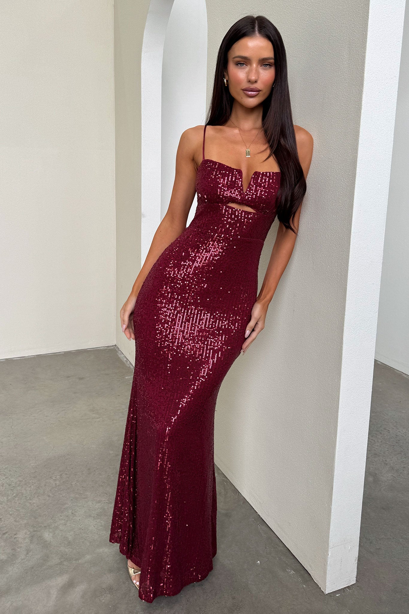 Bonnie Sequin Maxi Dress - Bordowa