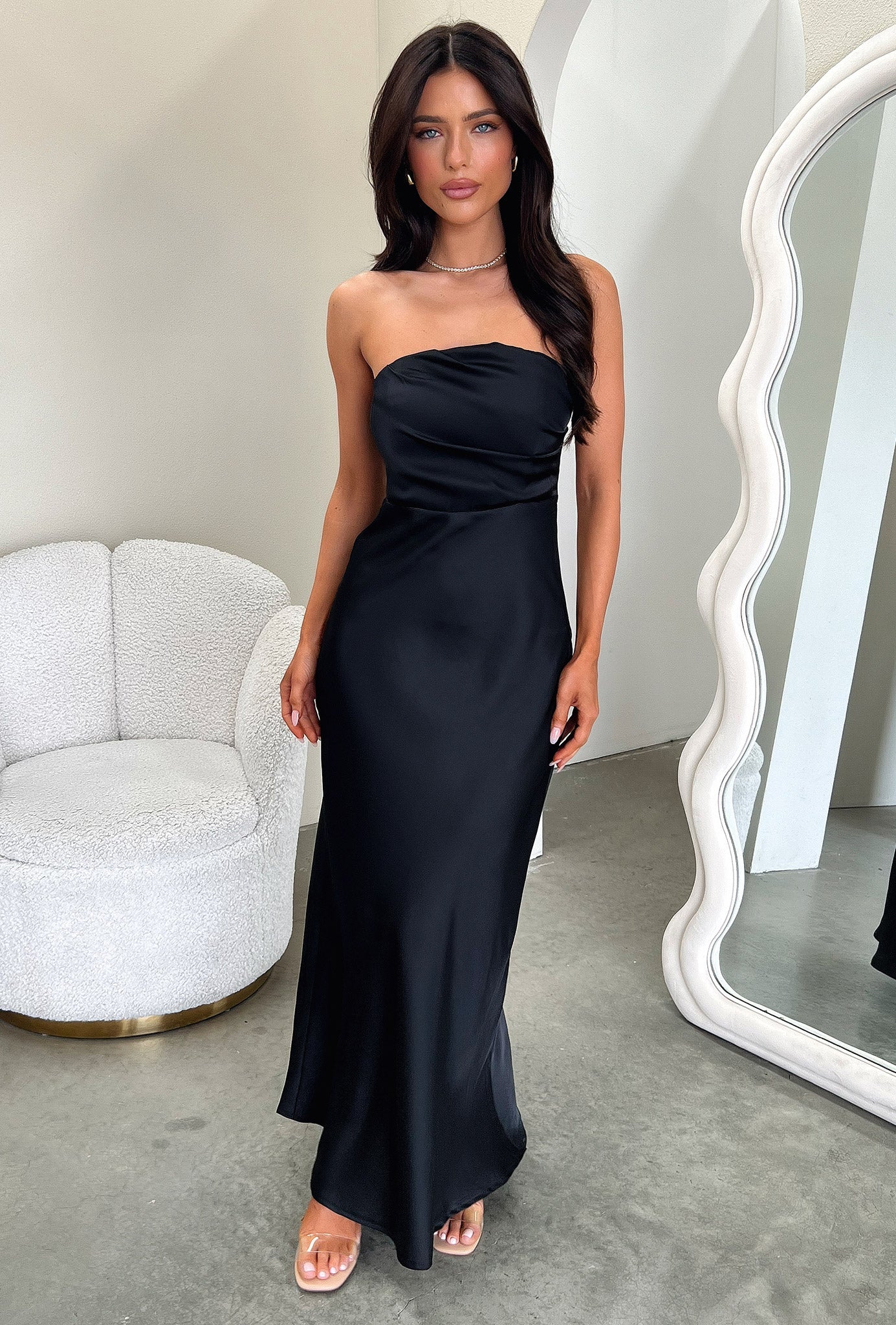 Elio Strapless Satin Maxi Dress - Czarna