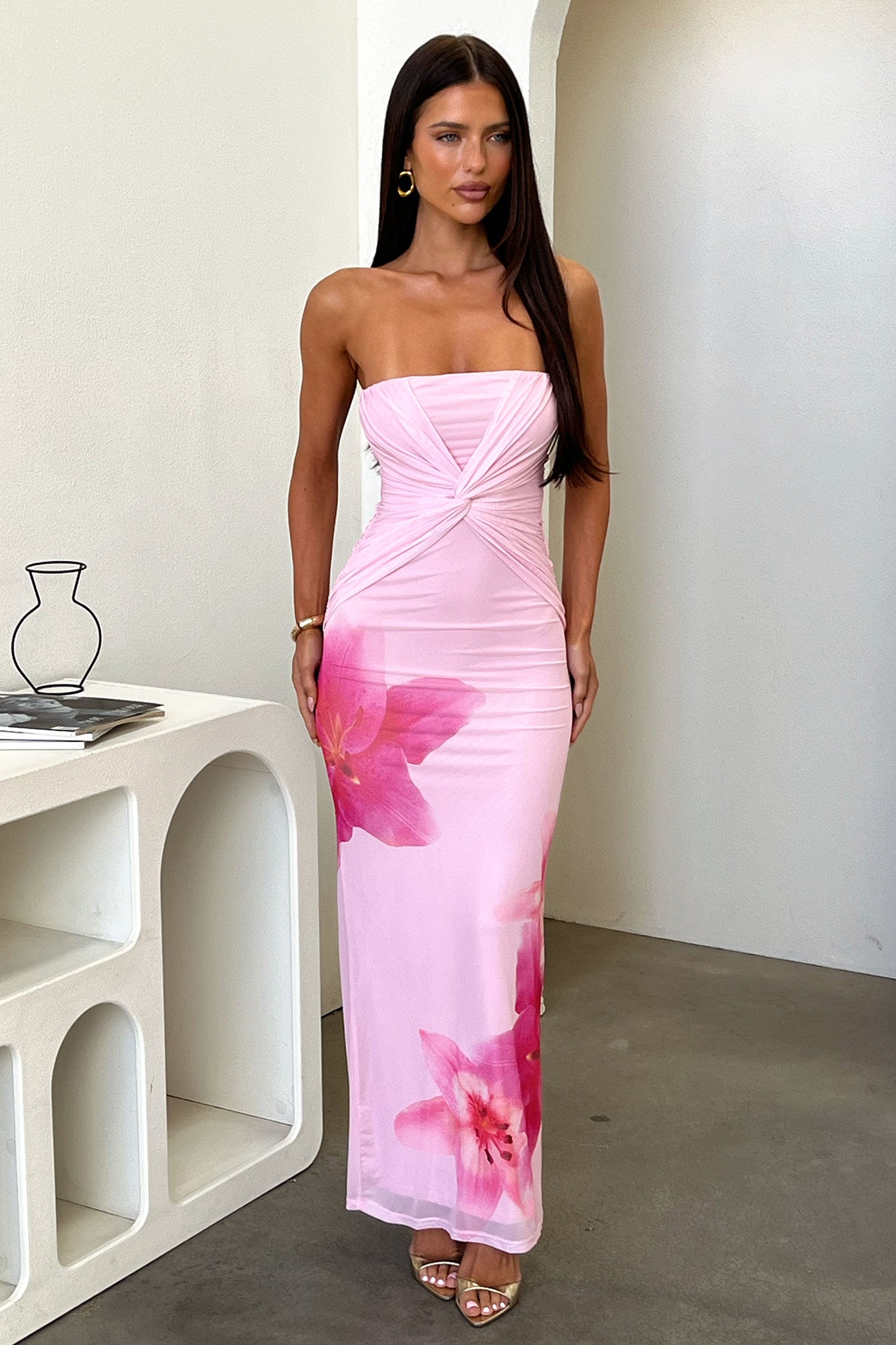 Lennen Strapless Mesh Maxi Dress - Różowa