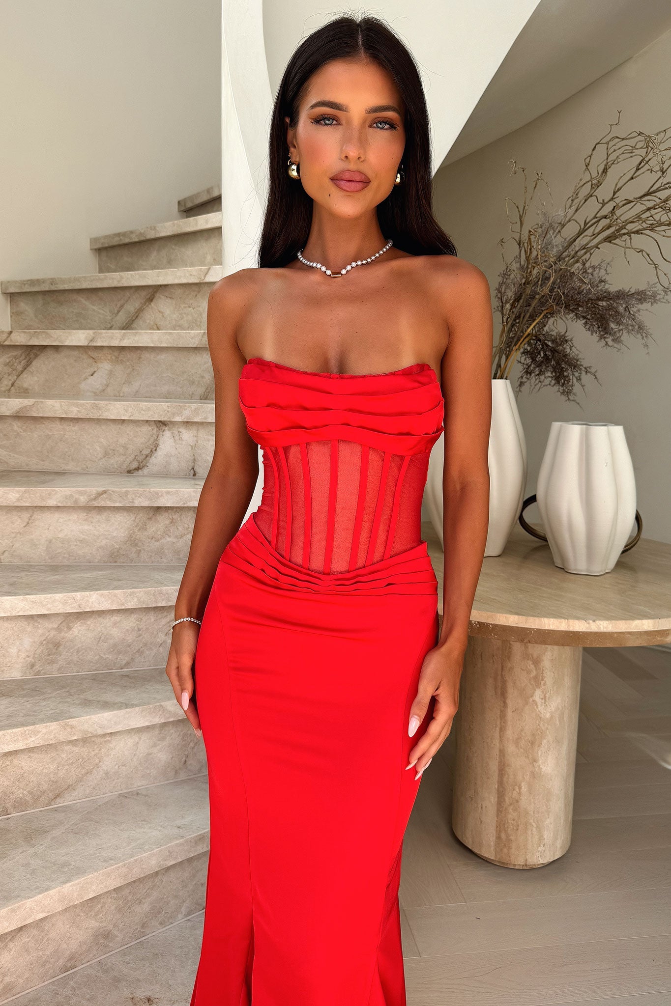 Aderyn Satin Corset Maxi Dress - Czerwona