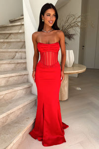 Aderyn Satin Corset Maxi Dress - Czerwona