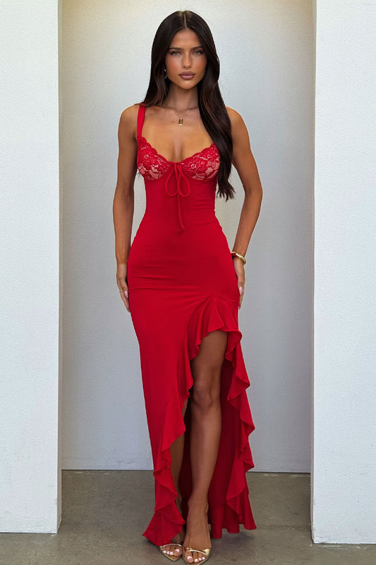Adorn Lace Bust Maxi Dress - Czerwona