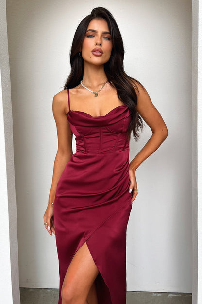 Aiana Satin Maxi Dress - Bordowa