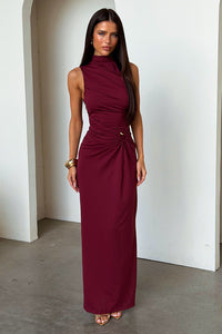 Amaris Mock Neck Maxi Dress - Bordowa