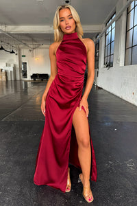 Arabelle High Neck Satin Maxi Dress - Bordowa