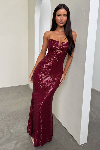 Bonnie Sequin Maxi Dress - Bordowa