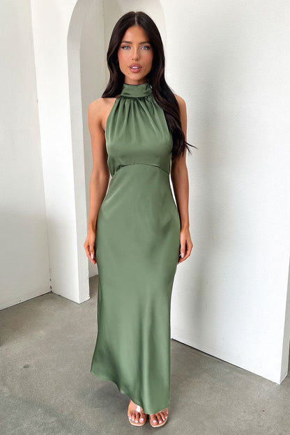Daphne High Neck Maxi Dress - Oliwkowa