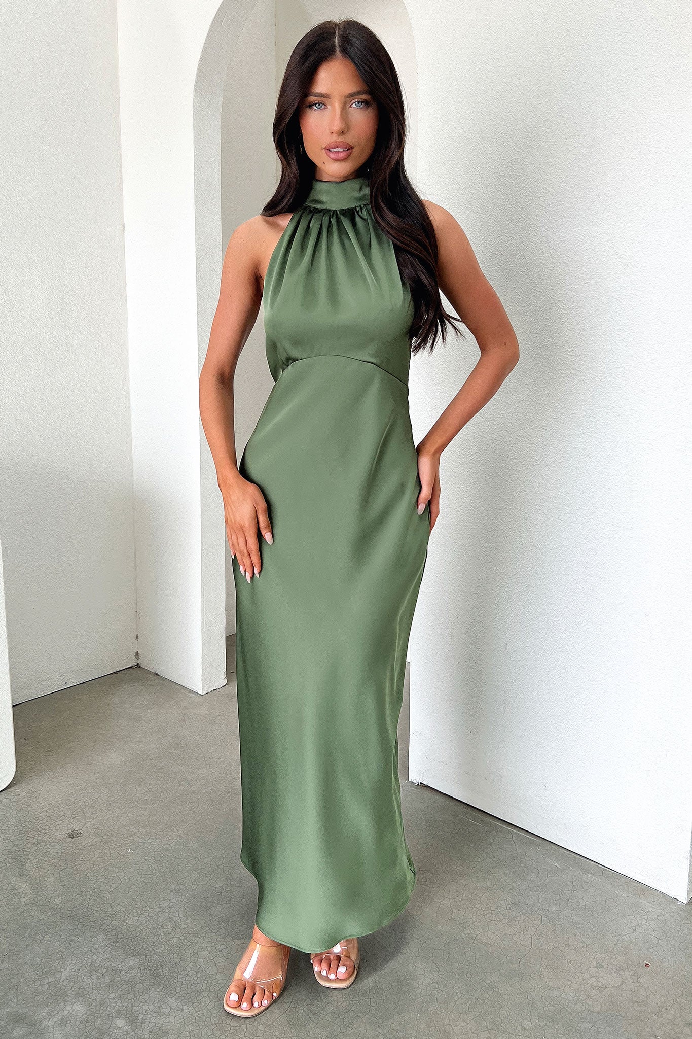 Daphne High Neck Maxi Dress - Oliwkowa