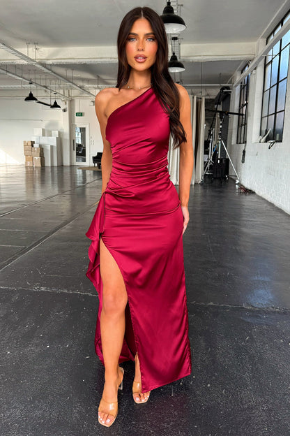 Elianna One Shoulder Satin Maxi Dress - Bordowa
