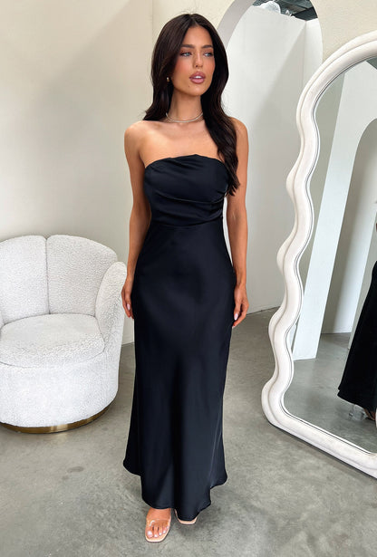 Elio Strapless Satin Maxi Dress - Czarna