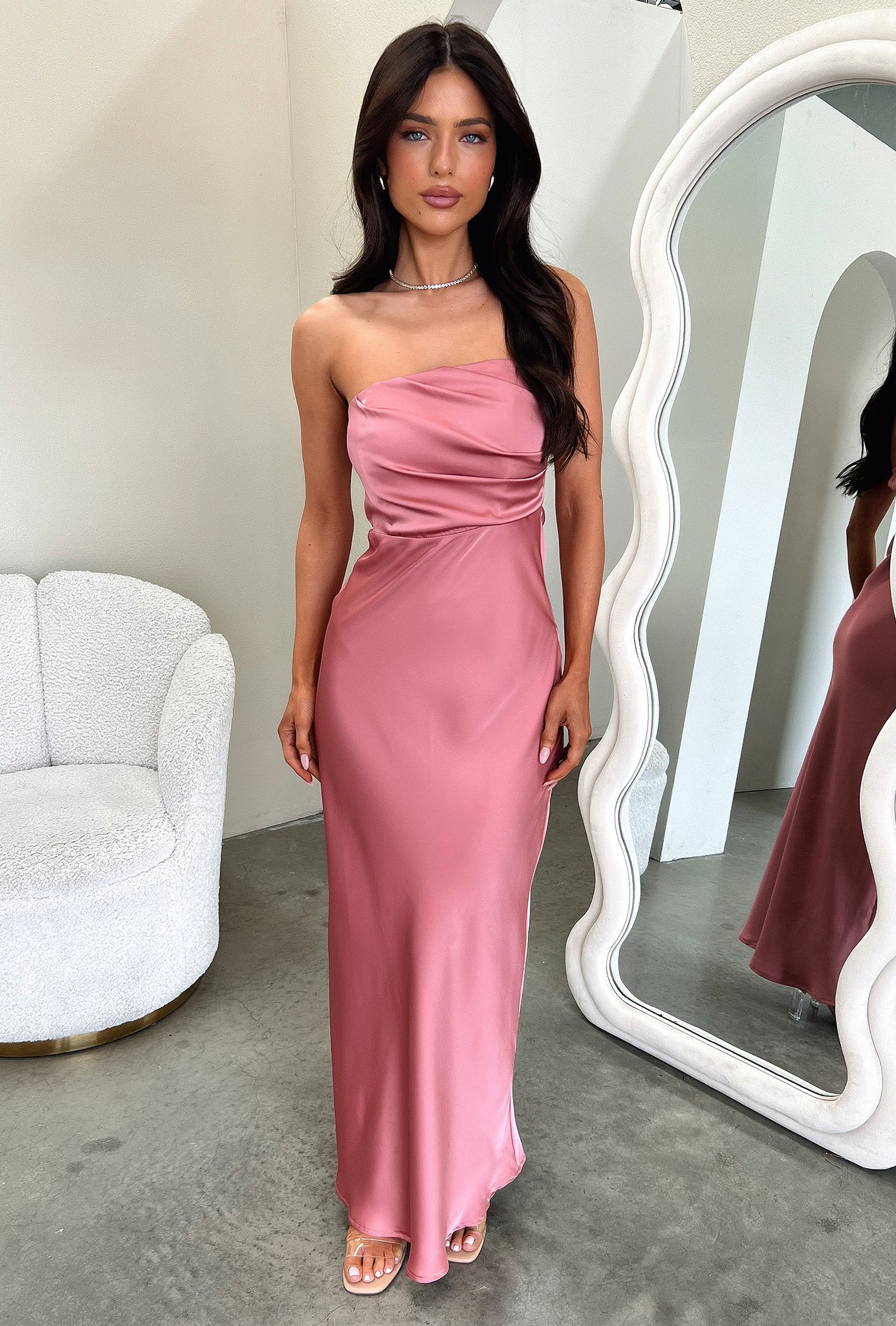 Elio Strapless Satin Maxi Dress - Różana