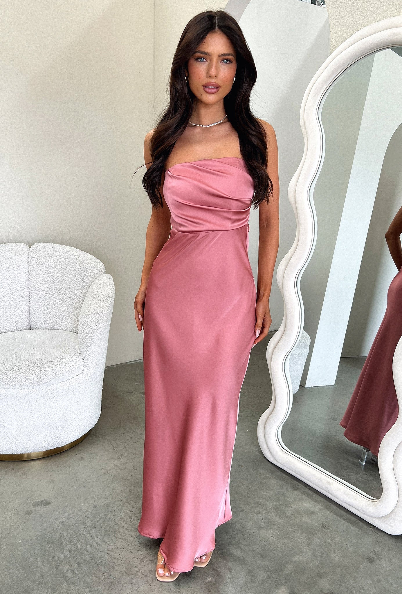 Elio Strapless Satin Maxi Dress - Różana