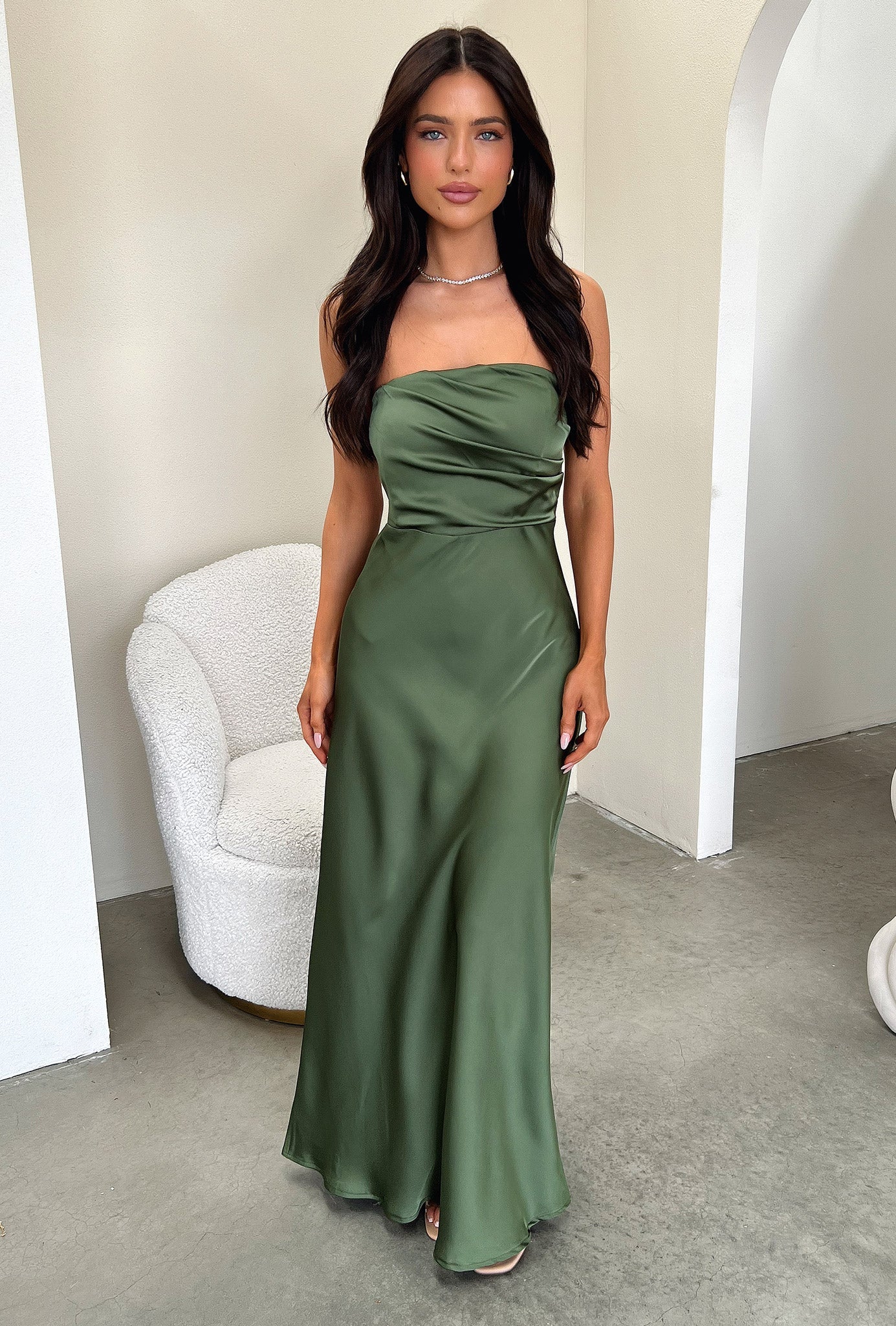 Elio Strapless Satin Maxi Dress - Oliwkowa