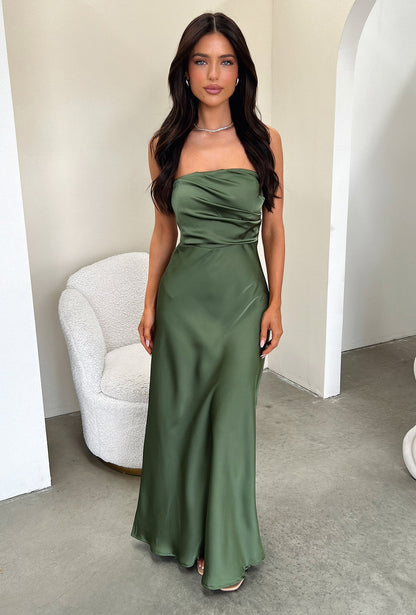 Elio Strapless Satin Maxi Dress - Oliwkowa