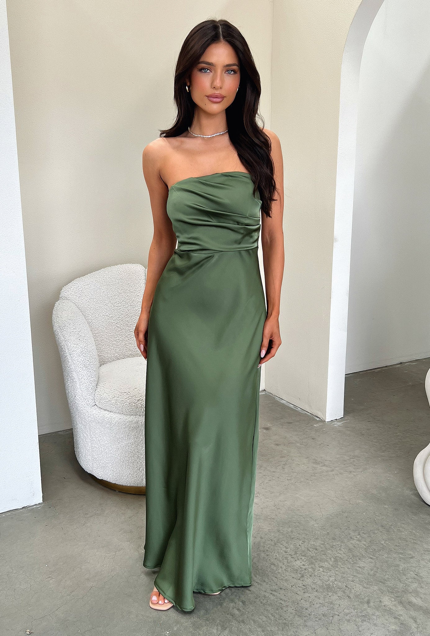 Elio Strapless Satin Maxi Dress - Oliwkowa
