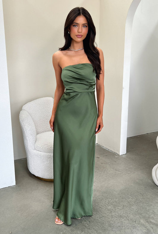 Elio Strapless Satin Maxi Dress - Oliwkowa