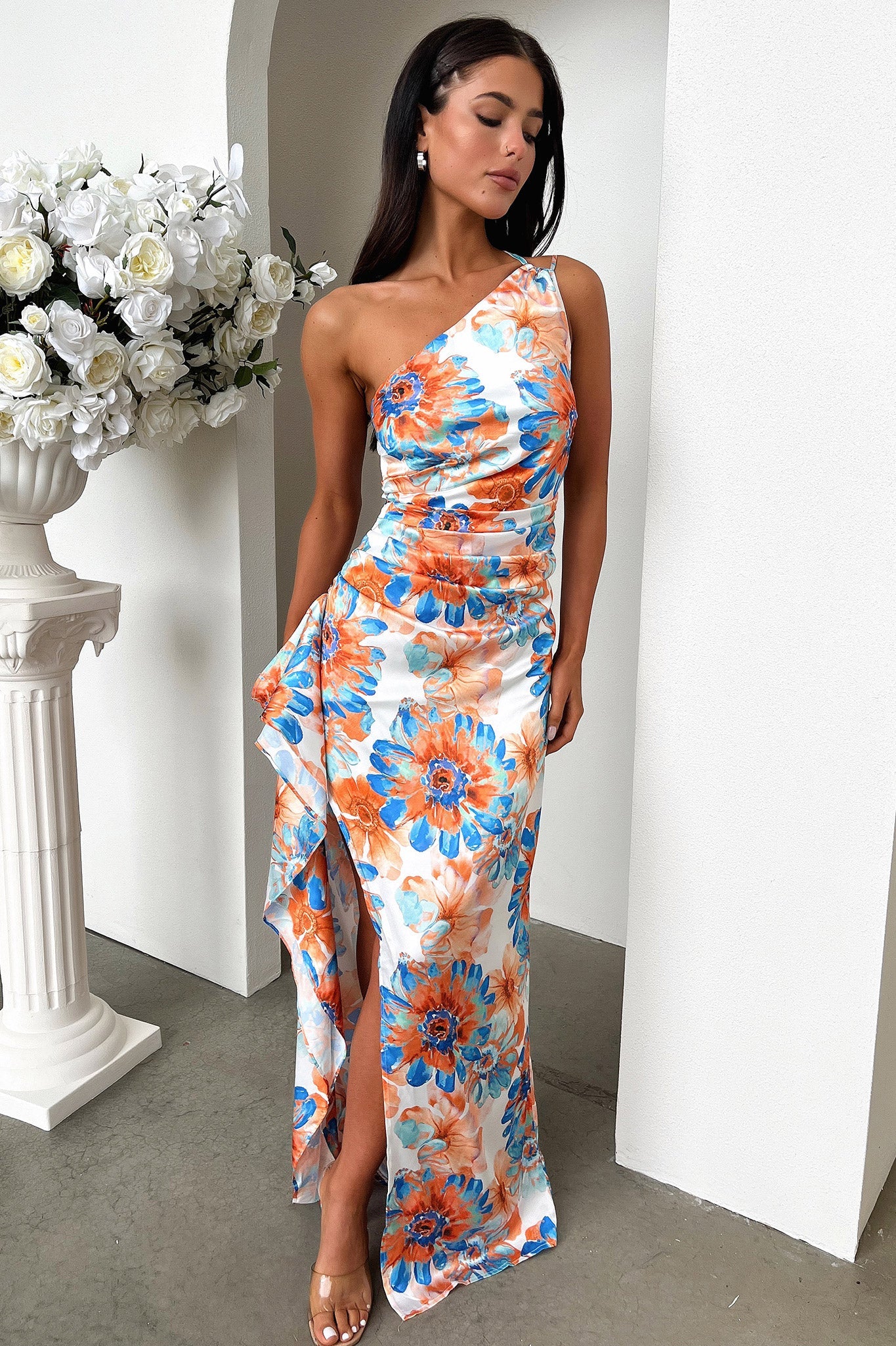 Elianna One Shoulder Satin Maxi Dress - Kwiatowa Niebieska