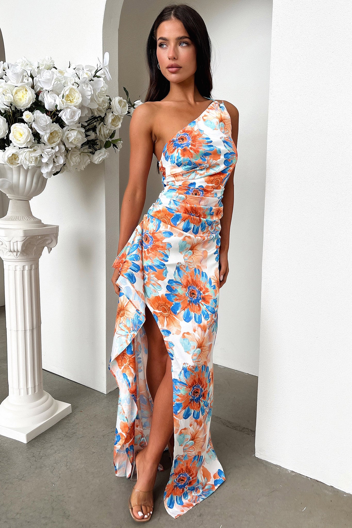Elianna One Shoulder Satin Maxi Dress - Kwiatowa Niebieska