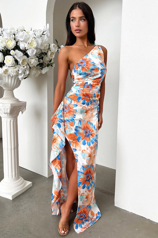 Elianna One Shoulder Satin Maxi Dress - Kwiatowa Niebieska