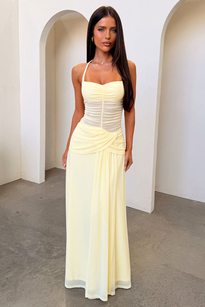 Gabrielle Halterneck Mesh Maxi Dress - Żółta