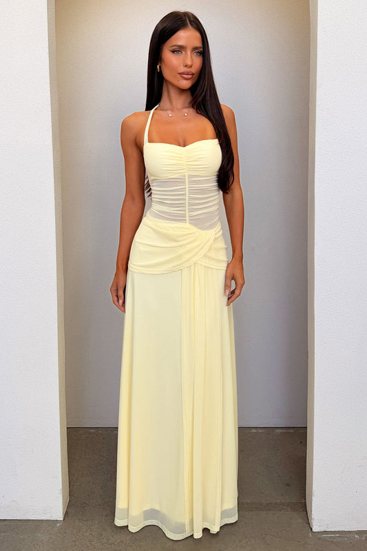 Gabrielle Halterneck Mesh Maxi Dress - Żółta