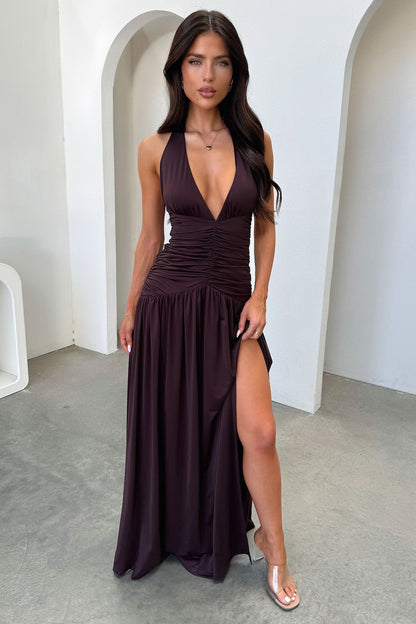 Ginevra Ruched Halter Maxi Dress - Brązowa