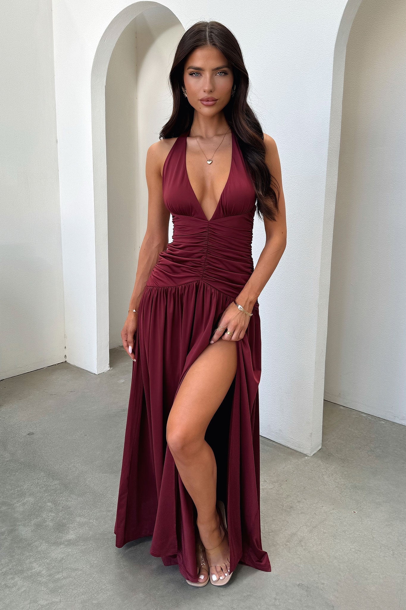 Ginevra Ruched Halter Maxi Dress - Bordowa