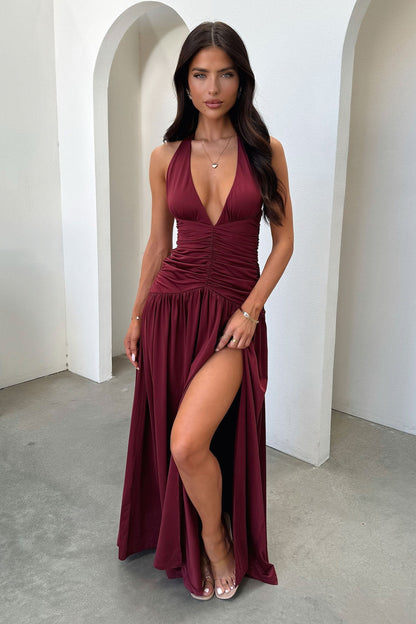 Ginevra Ruched Halter Maxi Dress - Bordowa