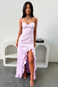 Lauren Ruffle Trim Satin Maxi Dress - Liliowa