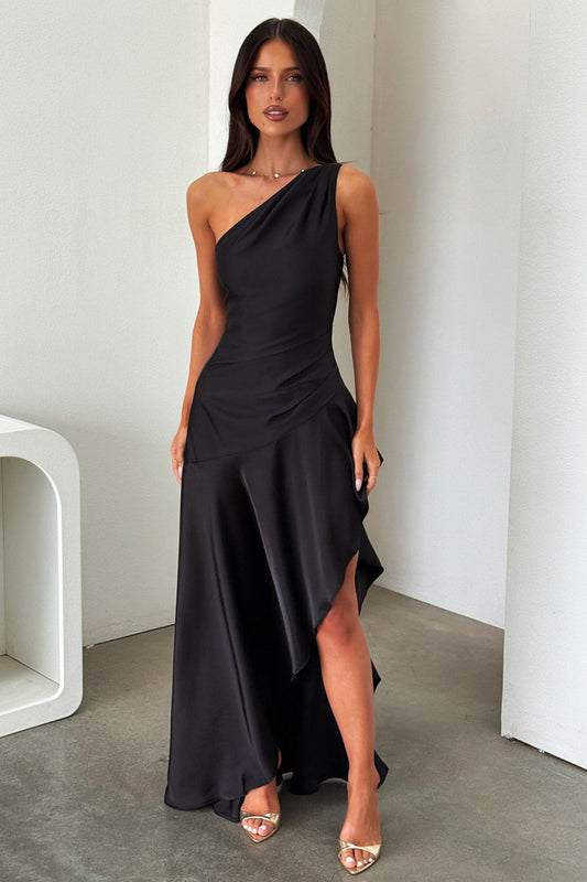 Leni One Shoulder Satin Maxi Dress - Czarna