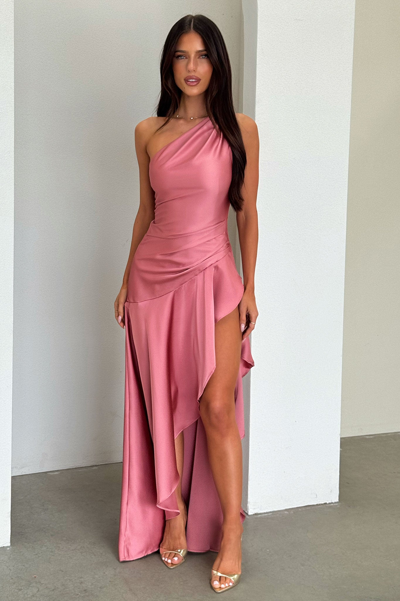 Leni One Shoulder Satin Maxi Dress - Różana