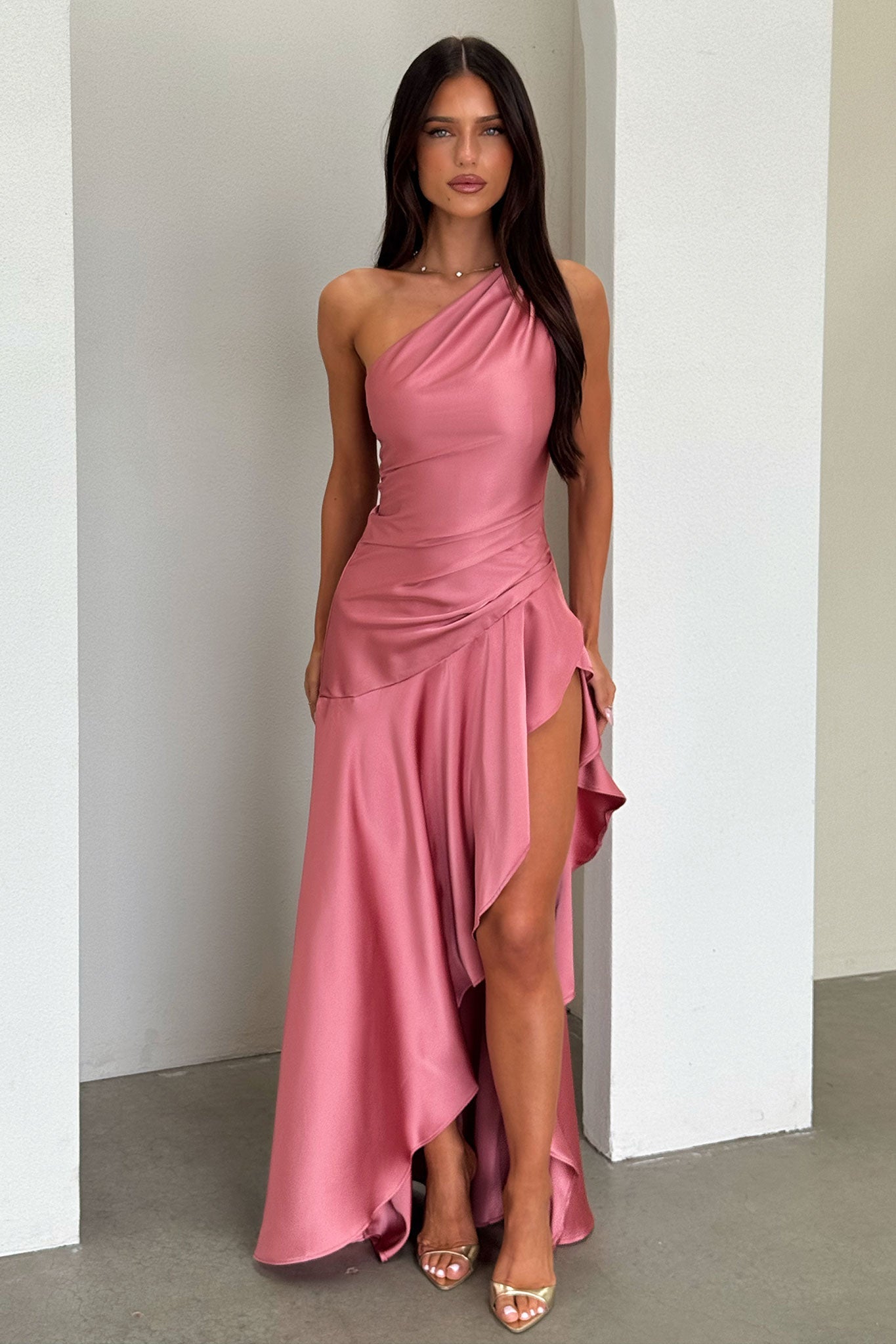 Leni One Shoulder Satin Maxi Dress - Różana