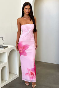 Lennen Strapless Mesh Maxi Dress - Różowa