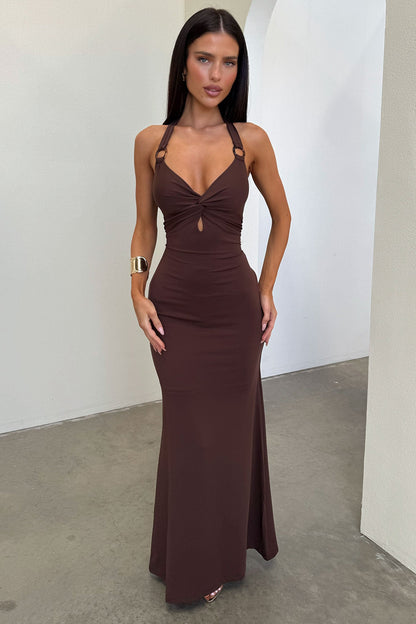 Nikki Halter Neck Maxi Dress - Brązowa