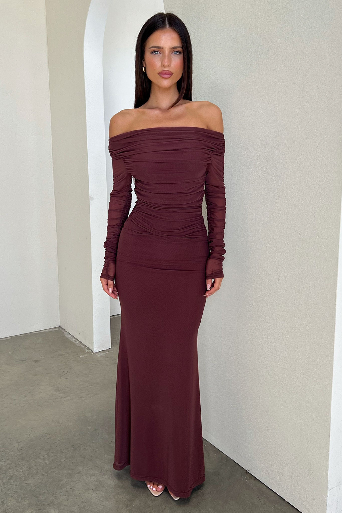 Rowan Long Sleeve Mesh Maxi Dress - Brązowa