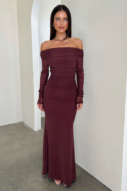 Rowan Long Sleeve Mesh Maxi Dress - Brązowa