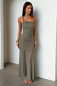 Salvatore One Shoulder Mesh Maxi Dress - Khaki