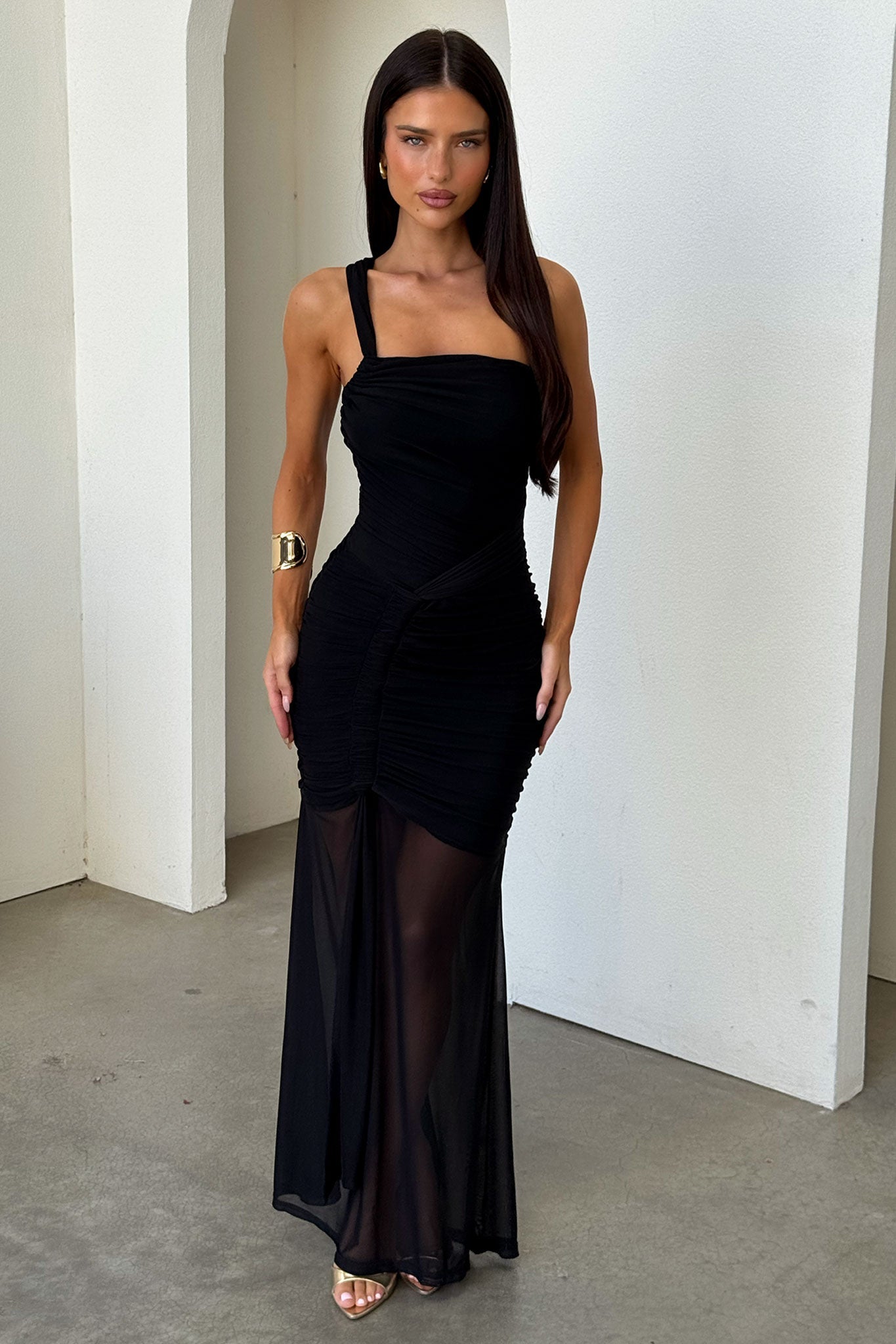 Salvatore One Shoulder Mesh Maxi Dress - Czarna