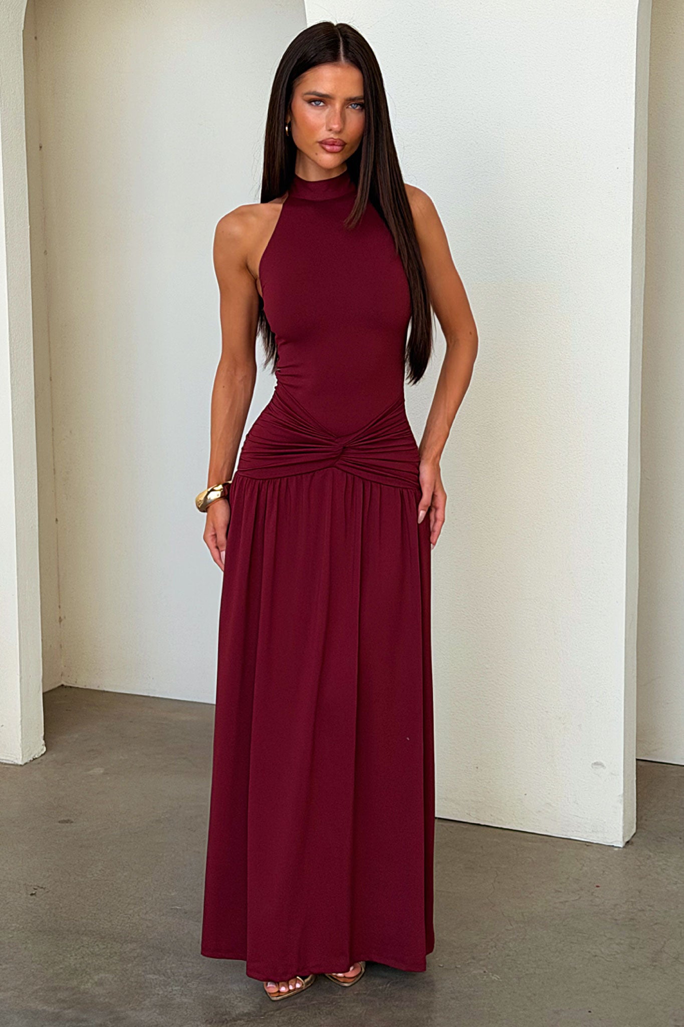Tallulah High Neck Maxi Dress - Bordowa