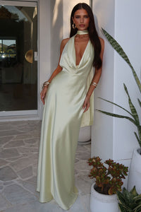 Zealand Plunge Halter Satin Maxi Dress - Żółta